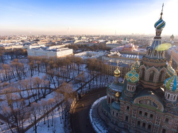 Russia saintpetersburg aerial view of the cathedral church of the savior on blood and russian museum...