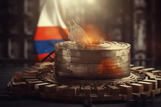 Russia sanctions economy with flag and gear works with fire burning generative AI