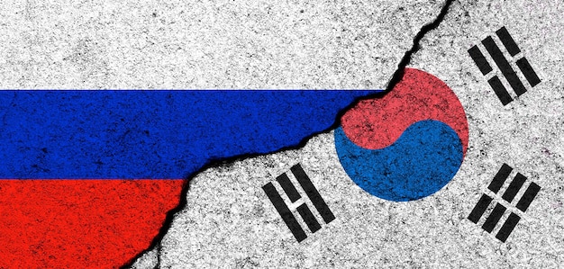 Russia and South Korea flags background Diplomacy and political conflict and competition partnership and cooperation concept photo