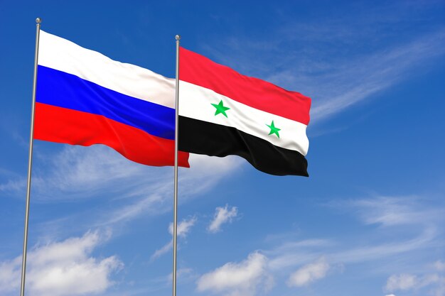 Russia and Syria flags over blue sky background. 3D illustration