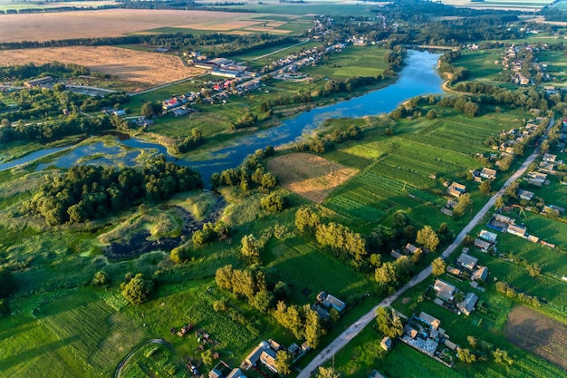 Russia a typical rural settlement Evening shot from the air