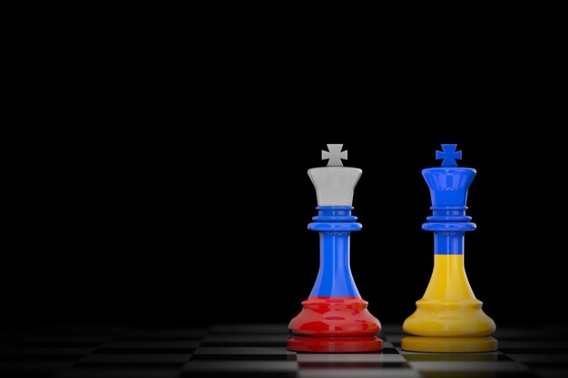 Russia Ukraine War Conflict Concept Chess Kings Painted with Russian and Ukrainian Flags on a black background 3d Rendering