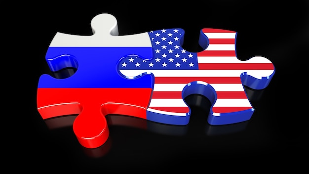 퍼즐 조각에 러시아와 미국 국기입니다. 정치적인 관계 개념입니다. 3D 렌더링