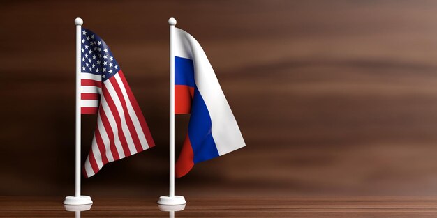 Russia and USA flags on wooden background 3d illustration