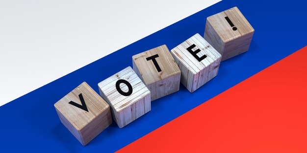 Фото Россия голосует кубиком слов и национальным флагом избирательная концепция 3d иллюстрация