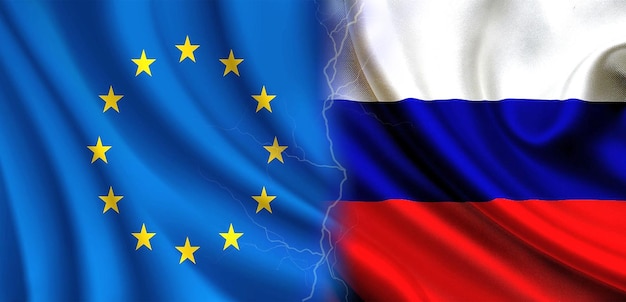 ロシア対欧州連合諸国の対立の概念欧州連合の旗対ロシアの旗の利害の対立の概念
