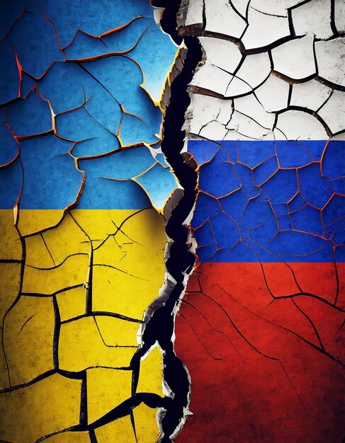 Photo russia vs ukrain flags overlay cracked wall