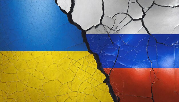 Photo russia vs ukrain flags overlay cracked wall