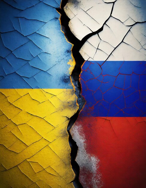 Photo russia vs ukrain flags overlay cracked wall