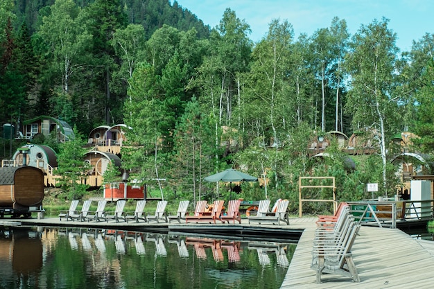 Russia Vydrino village Warm Lakes September 12 2022 Bilbo Tourist village small guest houses