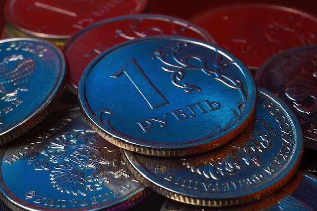 Russian 1 ruble coin is highlighted in blue. close-up.