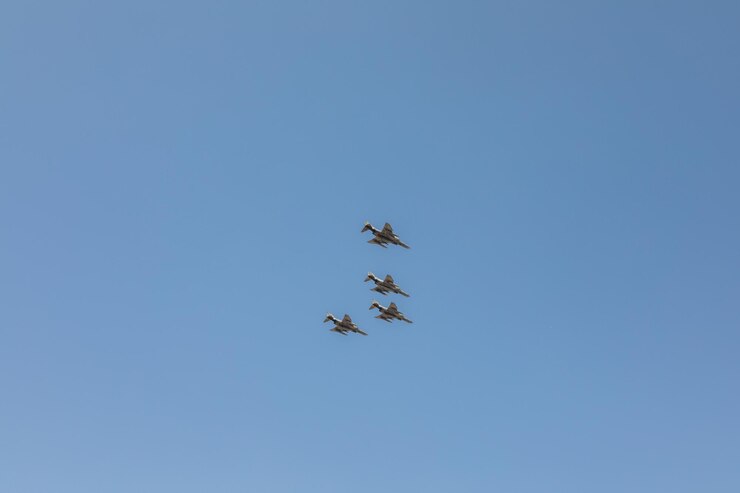 Russian Air Force plane flies in sky, Russia. Bottom view of strike fighter during flight. Military 