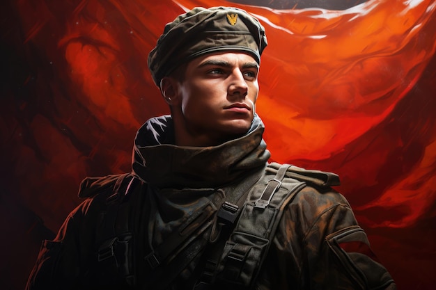 Photo russian army soldier with flag soldiers of the russian army on the background of the russian flag ai generated
