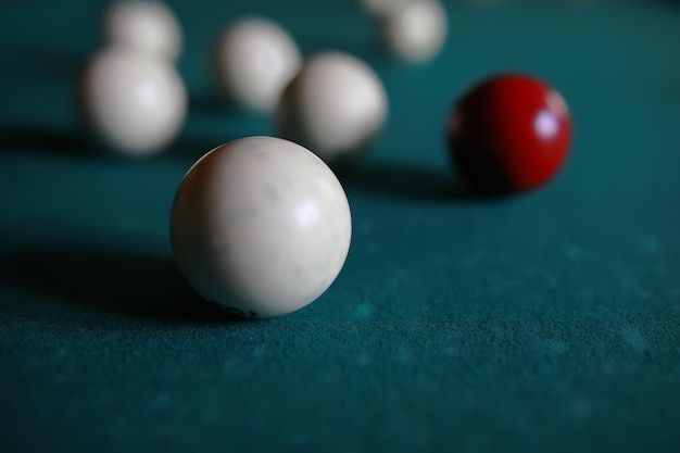 Russian billiard balls cue triangle chalk on a table green
cloth copy space