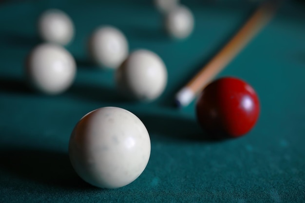 Russian billiard balls cue triangle chalk on a table green\
cloth copy space