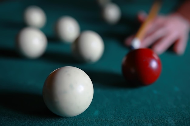 Russian billiard balls cue triangle chalk on a table green
cloth copy space