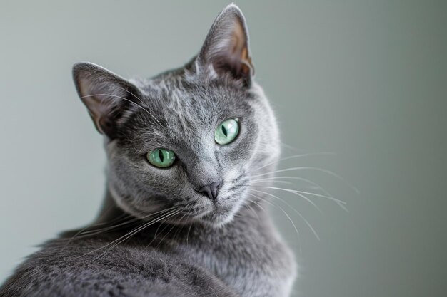 Русская голубая кошка с яркой сине-серой шерстью изящно изолирована на светом фоне