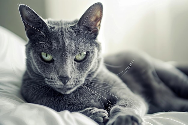 A Russian Blue cat with its striking bluegray coat elegantly isolated against a luminous backdrop