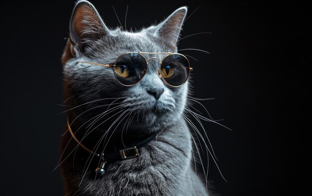 Russian Blue cat with sunglasses on a professional background