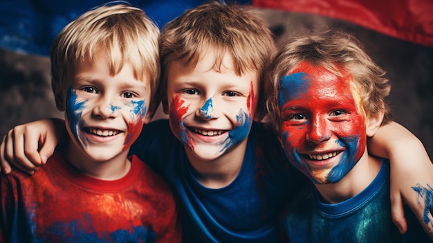 Российские дети с лицами, раскрашенными под российский флаг