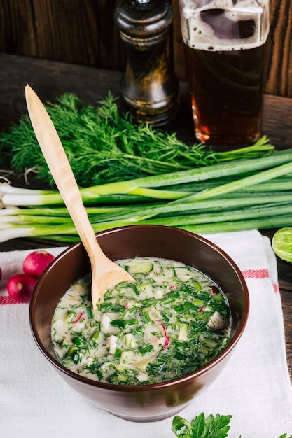 Russian cold soup with kvass and cucumbers. Okroshka