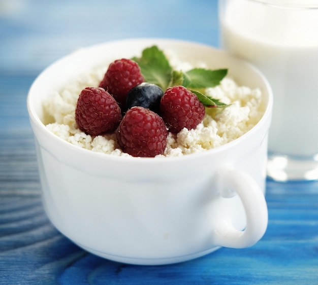 Russian cottage cheese with berry and mint blueberries and coff