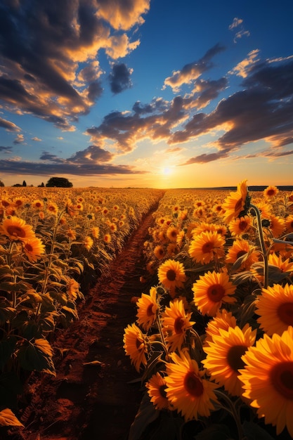 Russian countryside landscape with fields of sunflowers in full bloom Generative AI