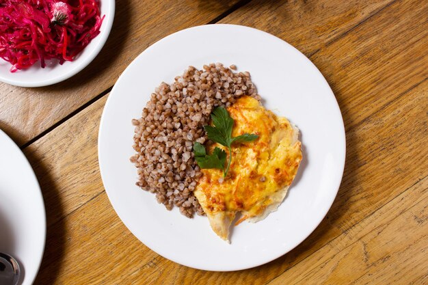 Russian dining room buckwheat with chicken cutlet
