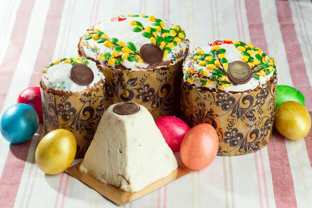 Russian Easter bread kulich paska decorated with painted colorful Easter eggs