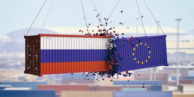 Russian and european union flags crashed containers on blue sky background 3d illustration