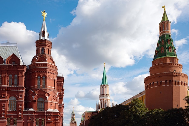 Russian federation spasskaya tower on red square, kremlin\
palace in moscow.the central square of moscow. the architecture of\
the capital