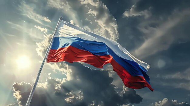 Photo a russian flag is waving in the wind the flag has three equal horizontal bands of white blue and red