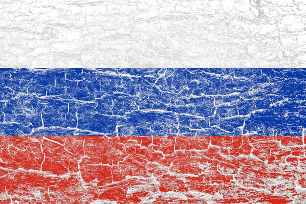 Russian flag painted on a rough textured wooden surface