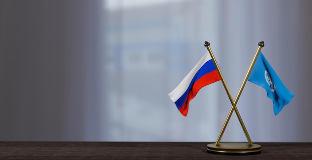 흰색 배경의 테이블에 러시아 국기