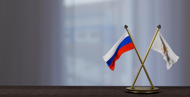 A russian flag on a table with a white background
