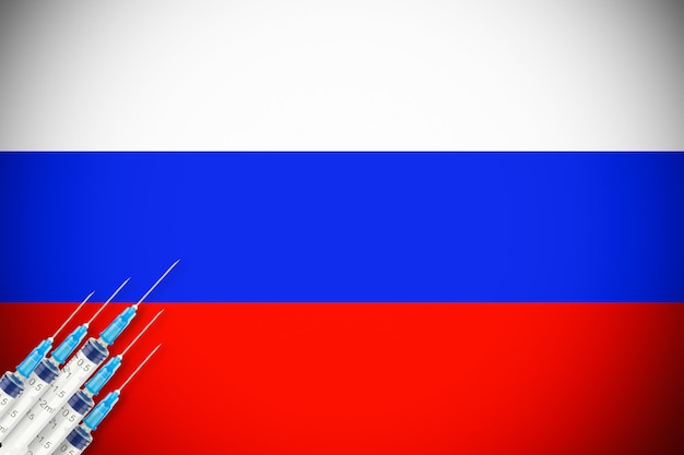 Foto bandiera russa tricolore con diverse siringhe nell'angolo sinistro simbolo della vaccinazione universale