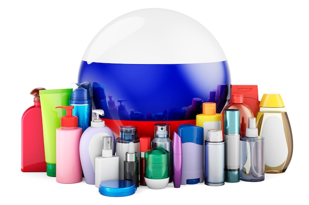 Russian flag with cosmetic bottles Hair facial skin and body care products 3D rendering