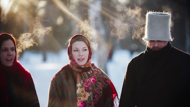 Russian folklore  russian people standing outdoors at winter