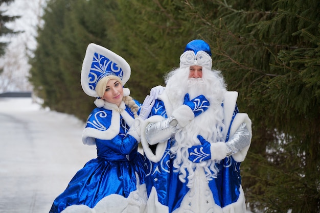 Russian Grandfather Frost - Russian Santa Claus and his granddaughter - Snegurochka. Celebrating New Year in Russia