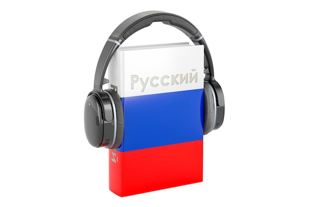 Foto libro di testo di lingua russa con cuffie imparare lezioni di lingua russa rendering 3d isolato su sfondo bianco