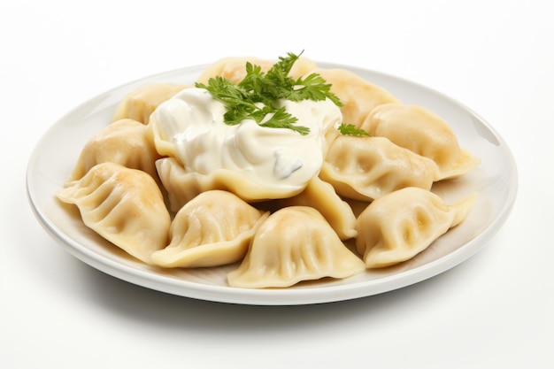 Russian meat dumplings pelmeni Boiled dumplings with greenery dill and sauce Cooking dough products with meat Generative AI illustration