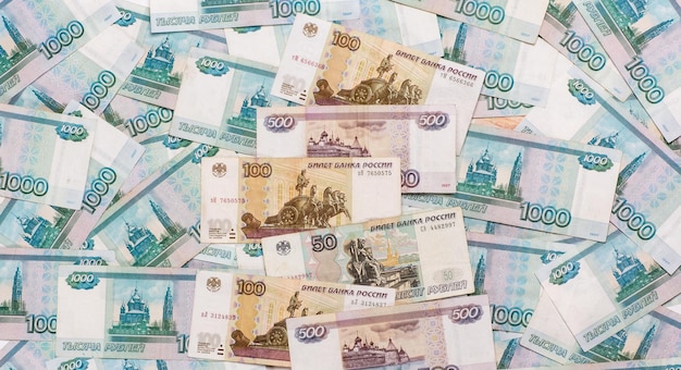 Russian money background banknotes of all denominations