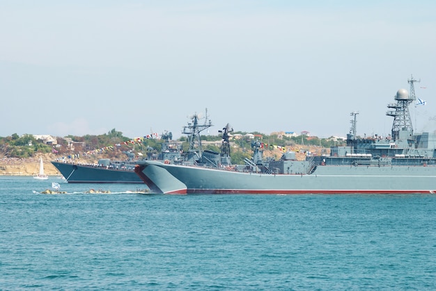 Russian navy warship in the Black sea bay