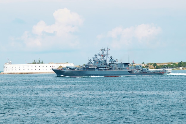 Russian navy warship in the Black sea bay