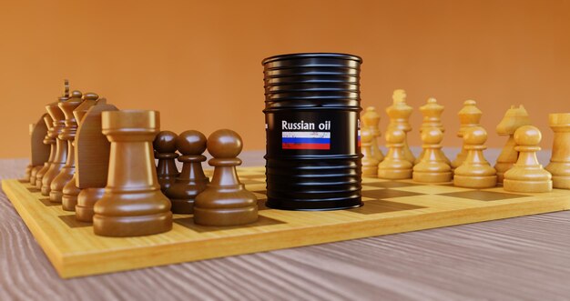 Russian oil oil barrel background Russia flag on barrel with Barbed Wire sanctions on Russian