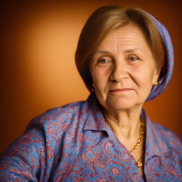 A russian old woman with a blue shirt