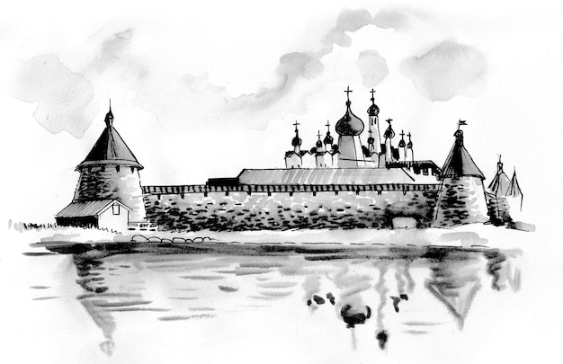 Photo russian orthodox monastery. ink black and white drawing