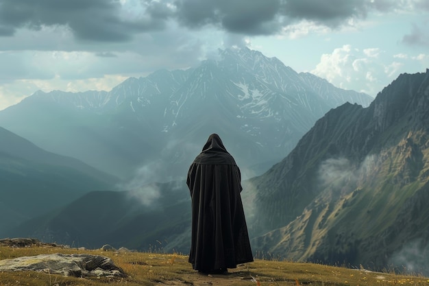 russian orthodox monk standing in mountains from his back in mountains