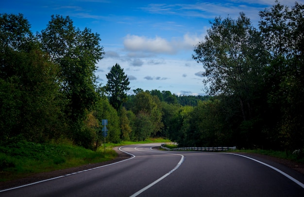 カレリアのロシアの道路。道路で旅行します。アスファルト道路なめらかな道