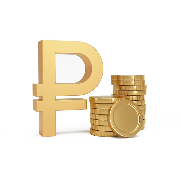 Russian ruble money symbol next to Stack of gold coins on a white background Currency exchange 3d rendering